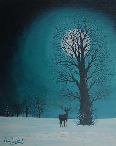 Reindeer | snow | winter tree | Moon | painting for sale